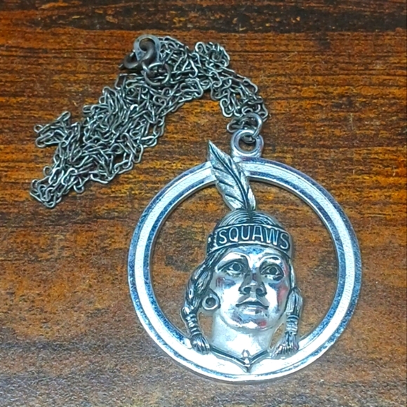 Vintage Art Deco Silver Figural Native American Indian Squaw Club Charm Necklace